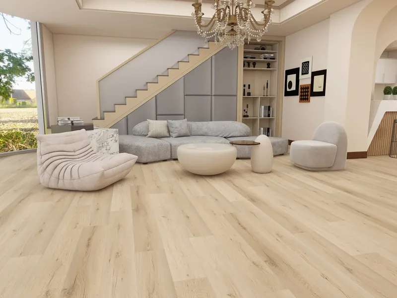 Wohnzimmer mit hellem Vinylboden in Holzoptik
