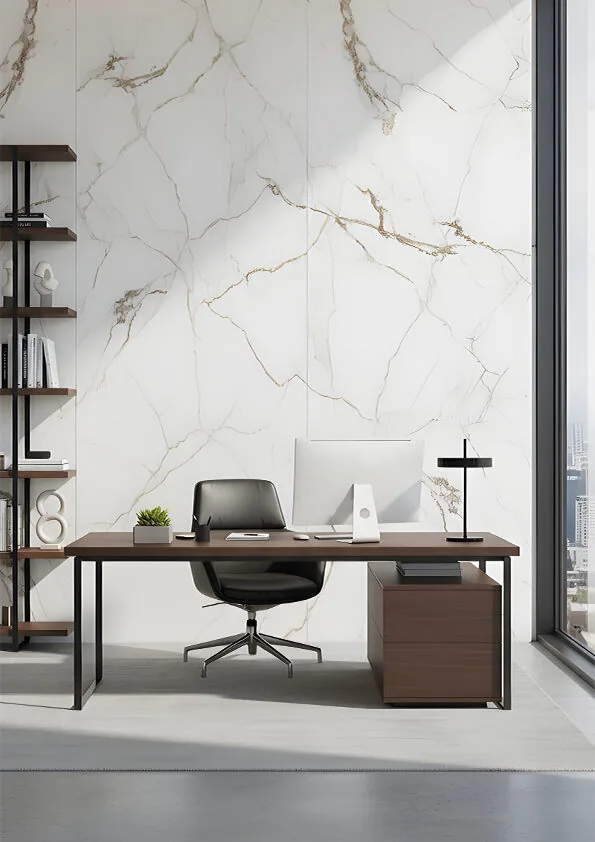 Arbeitszimmer mit SPC-Wandpaneelen in Marmoroptik Golden Carrara