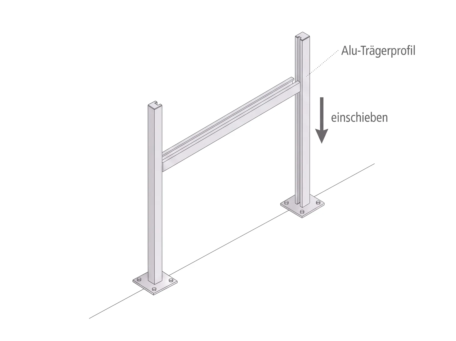 Technische Zeichnung Schritt 2: Alu-Trägerprofil wird von oben in die Nuten der Pfosten geschoben